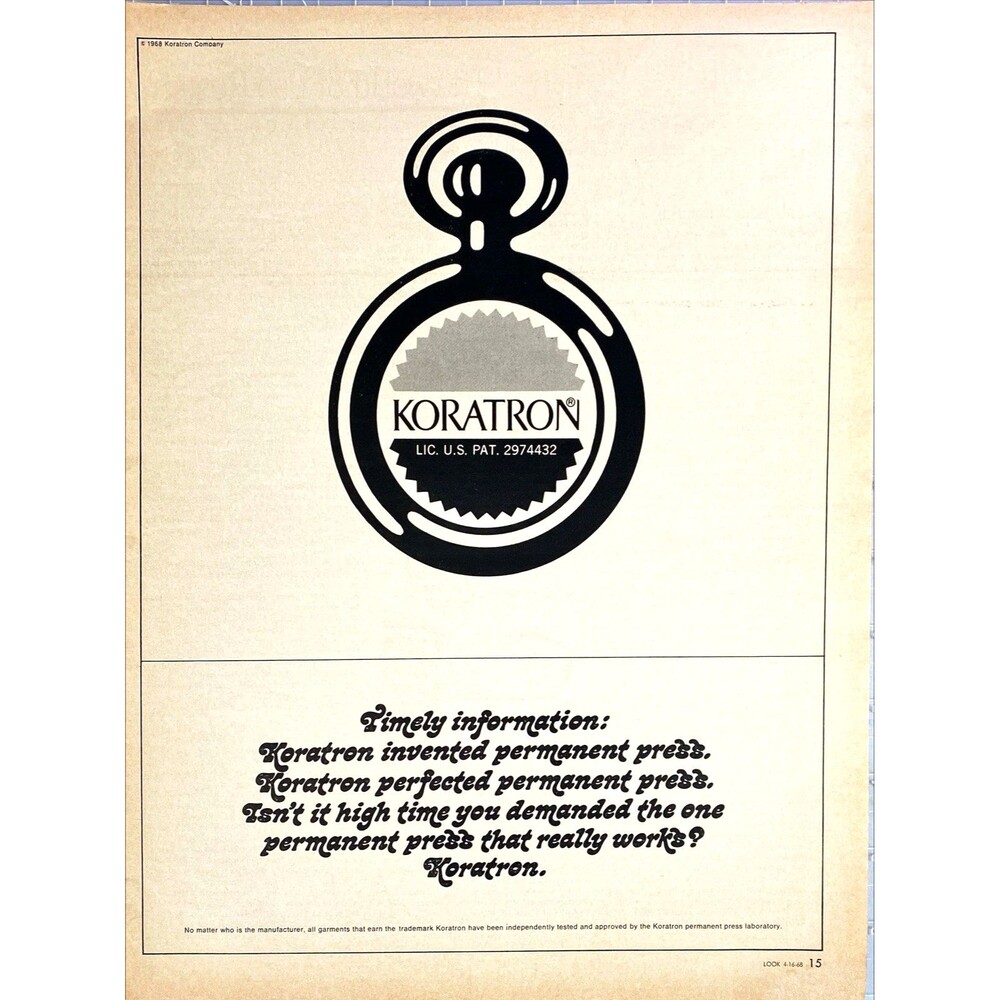 Koratron Permanent Press Laboratory "Inventor Permanent Press Clothing" Ad 1968